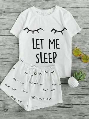 Closed Eyes Print Tee And Shorts Pajama Set