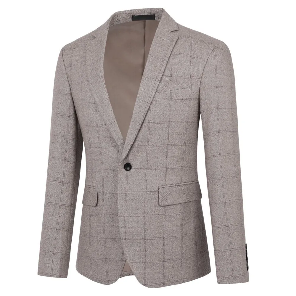 Cloudstyle Men Blazer Single-breasted Striped Checked Notched Collar Flip Pocket Clearance Khaki L