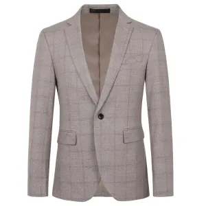 Cloudstyle Men Blazer Single-breasted Striped Checked Notched Collar Flip Pocket Clearance Khaki L