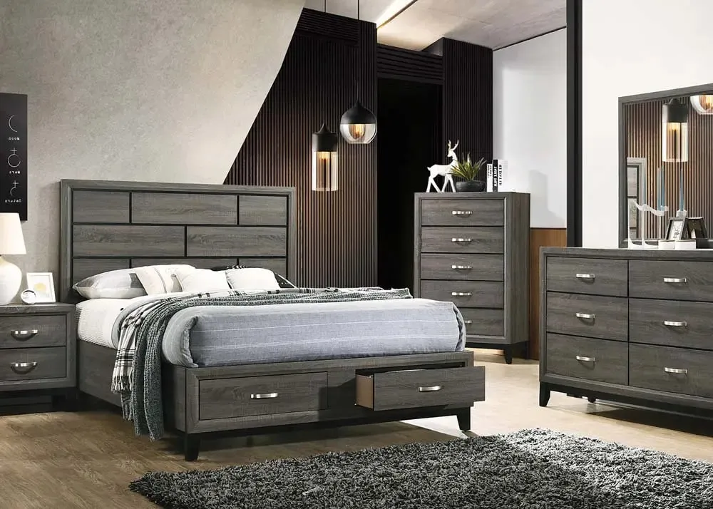 Clyde King Bed w/Front Drawers, Weathered Gray