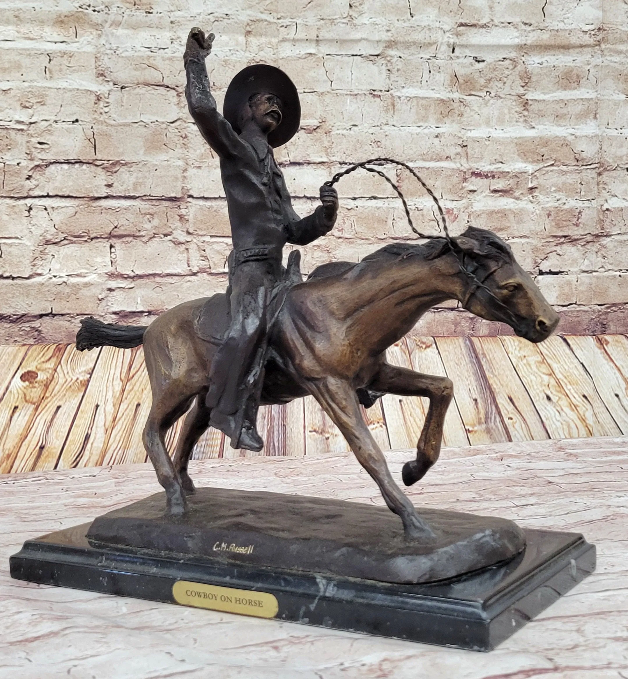 C.M. RUSSELL COWBOY RIDING HORSE Handcrafted Bronze Sculpture Statue Art Decor