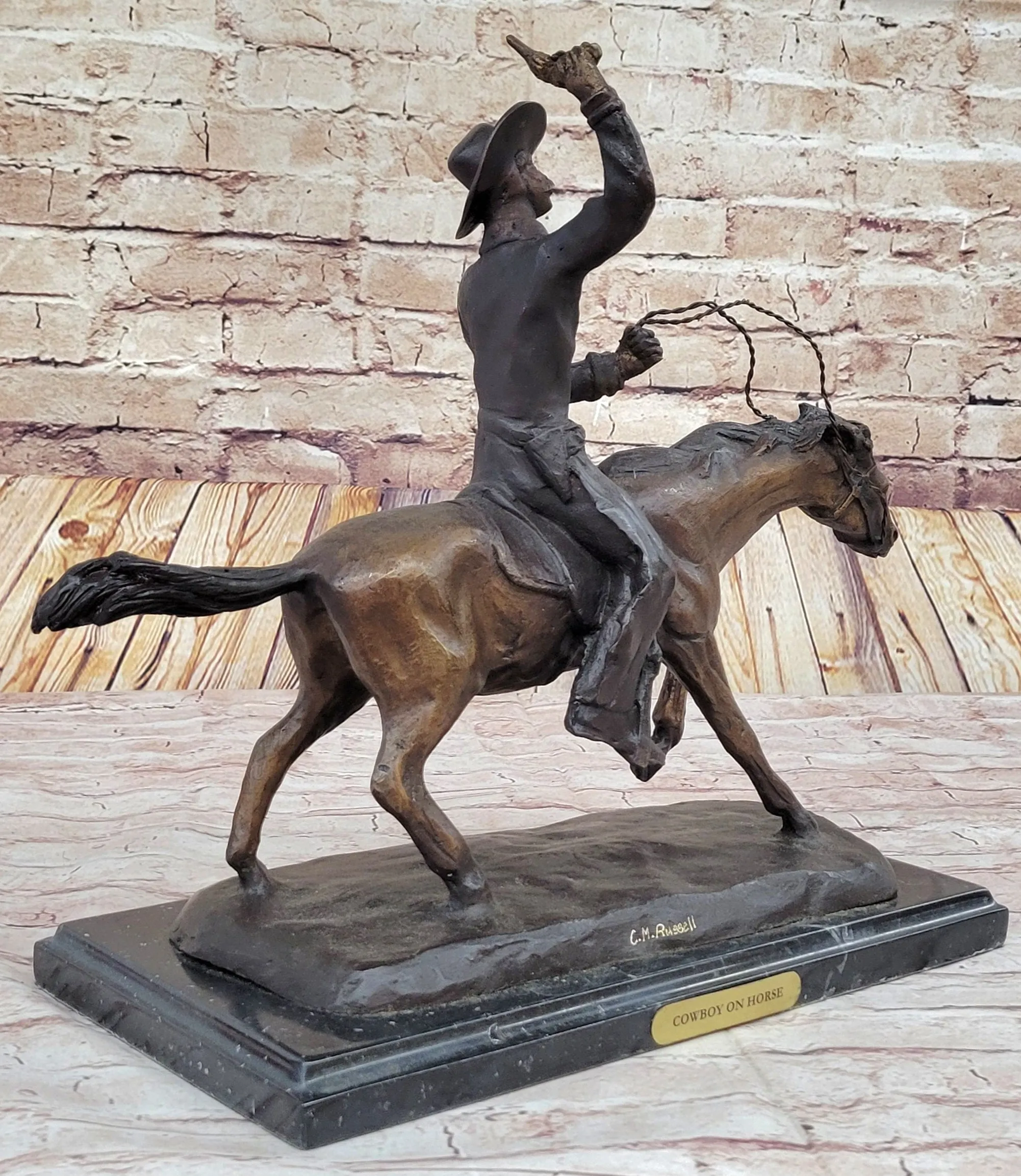 C.M. RUSSELL COWBOY RIDING HORSE Handcrafted Bronze Sculpture Statue Art Decor