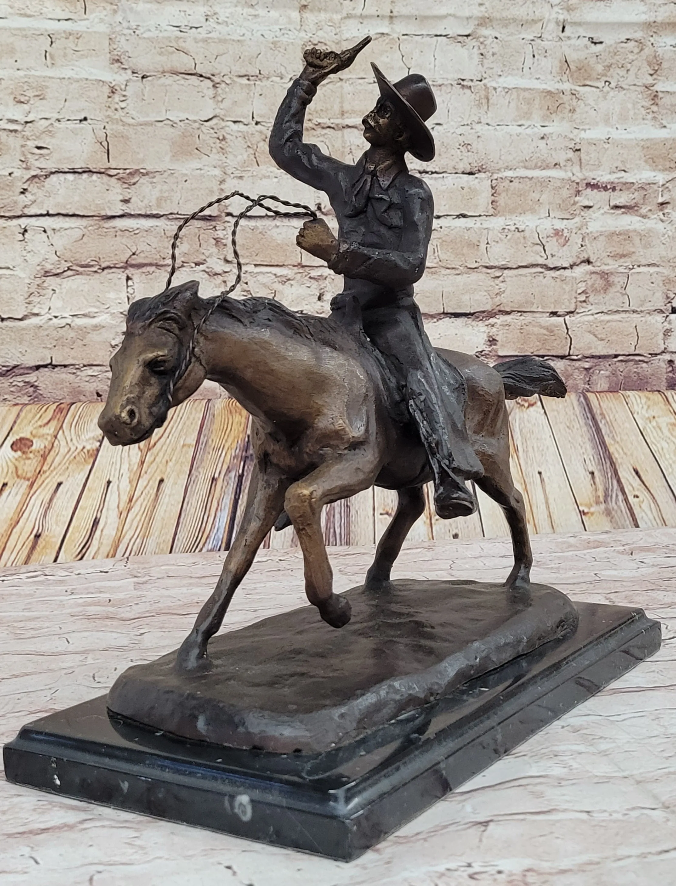 C.M. RUSSELL COWBOY RIDING HORSE Handcrafted Bronze Sculpture Statue Art Decor