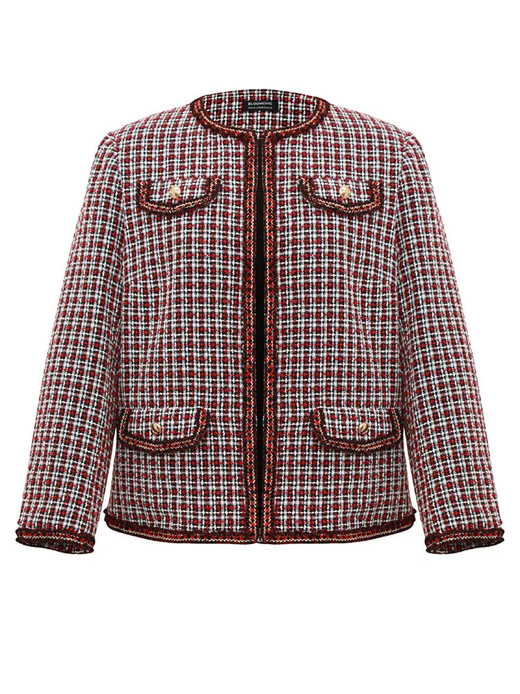 Coarse Tweed Gingham Plisse Flap Pocket Blazer