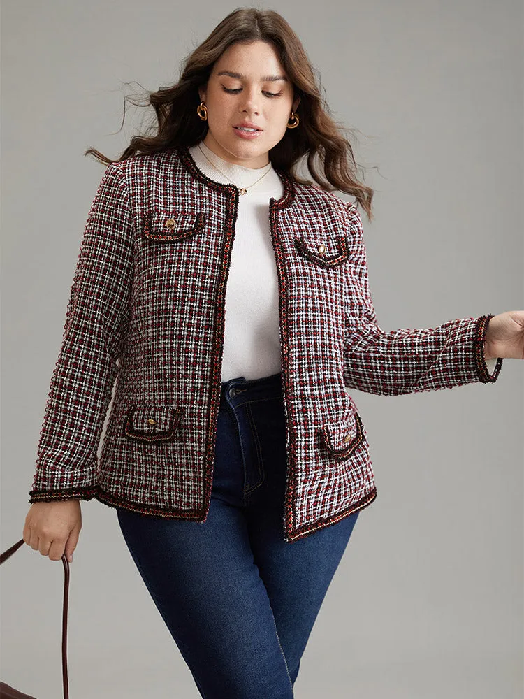 Coarse Tweed Gingham Plisse Flap Pocket Blazer