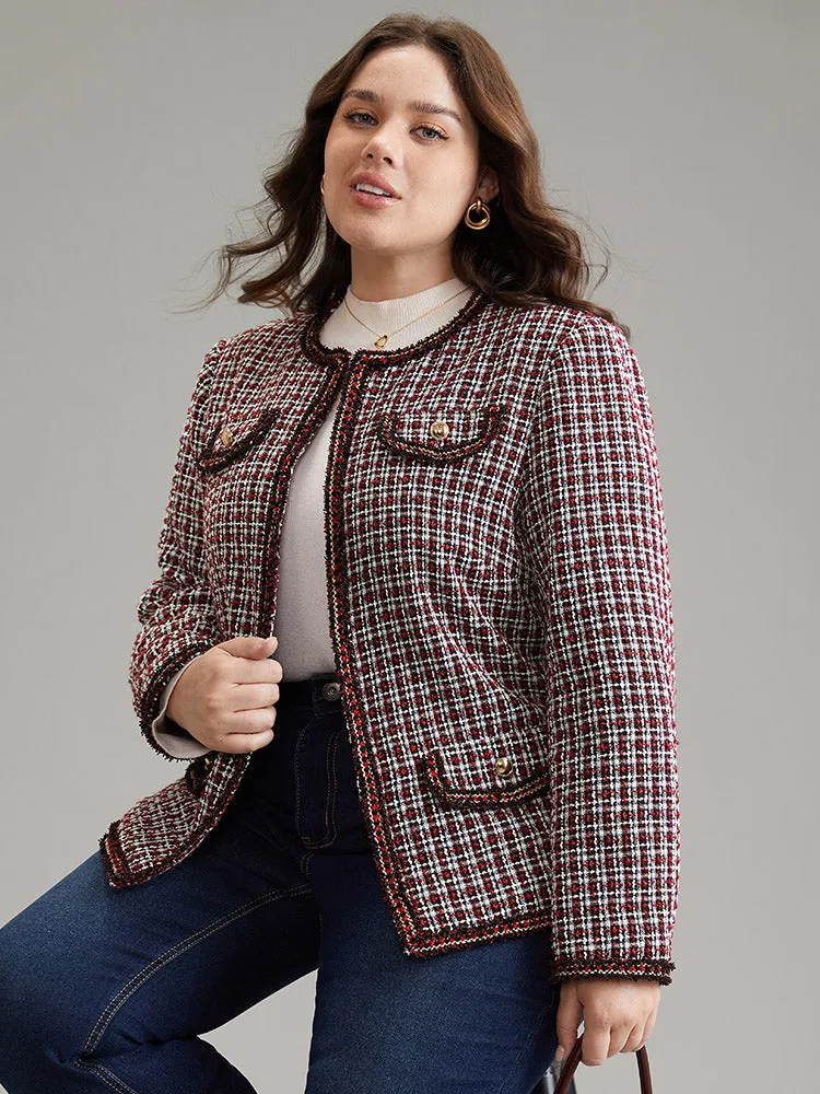 Coarse Tweed Gingham Plisse Flap Pocket Blazer