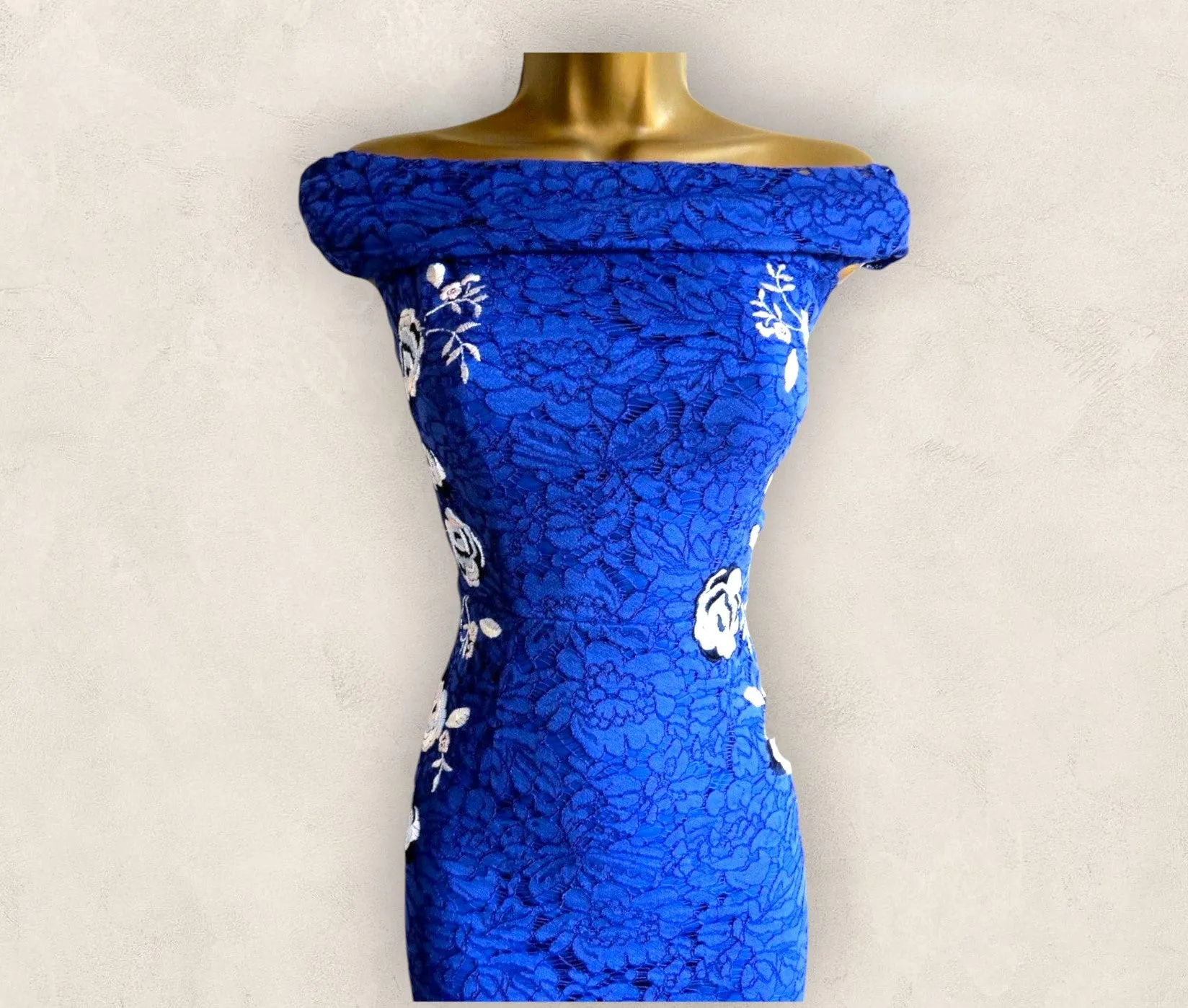 Coast Justina Royal Blue Lace Bardot Pencil Dress UK 10 US 6 EU 38