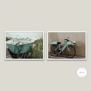 Coastal Turquoise Boat And Bike 2 Piece Wall Art PRINTABLE WALL ART, Beach House Decor, Neutral Boho Coastal Decor, Boat Poster, Seaside Print