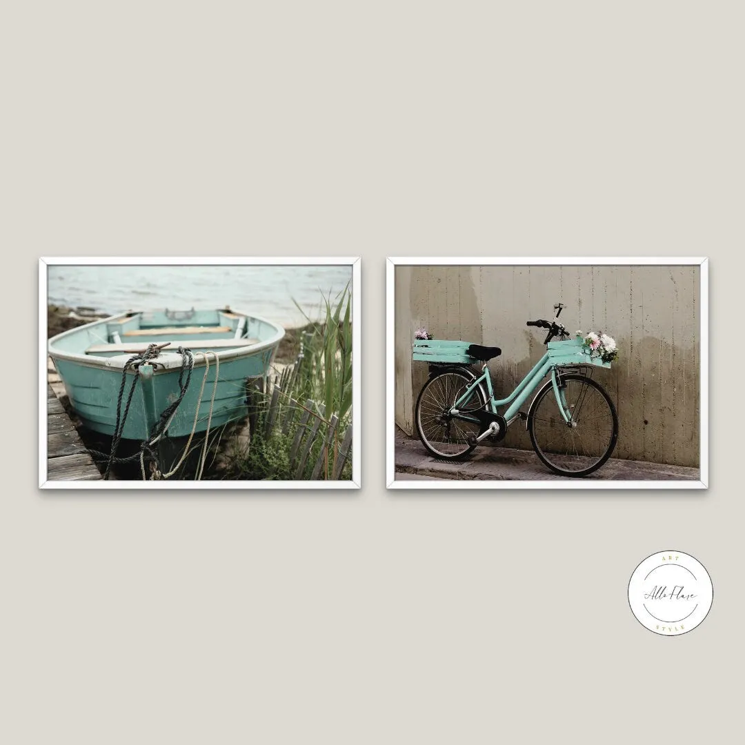 Coastal Turquoise Boat And Bike 2 Piece Wall Art PRINTABLE WALL ART, Beach House Decor, Neutral Boho Coastal Decor, Boat Poster, Seaside Print