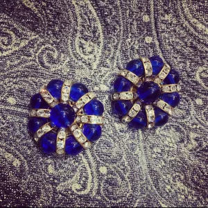 Cobalt Blue Beaded and Crystal Earrings Gold Plated Clip on