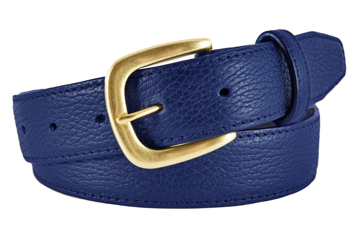 Cobalt Blue Pebbled Leather Belt, Hudson Buckle (Gold)