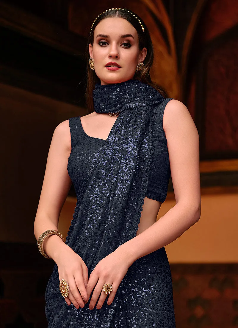 Cobalt Blue Sequence Work Party Wear Saree