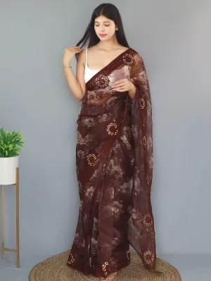 Cocoa Bean Saree in Organza Digital Floral Printed with Embroidered Work