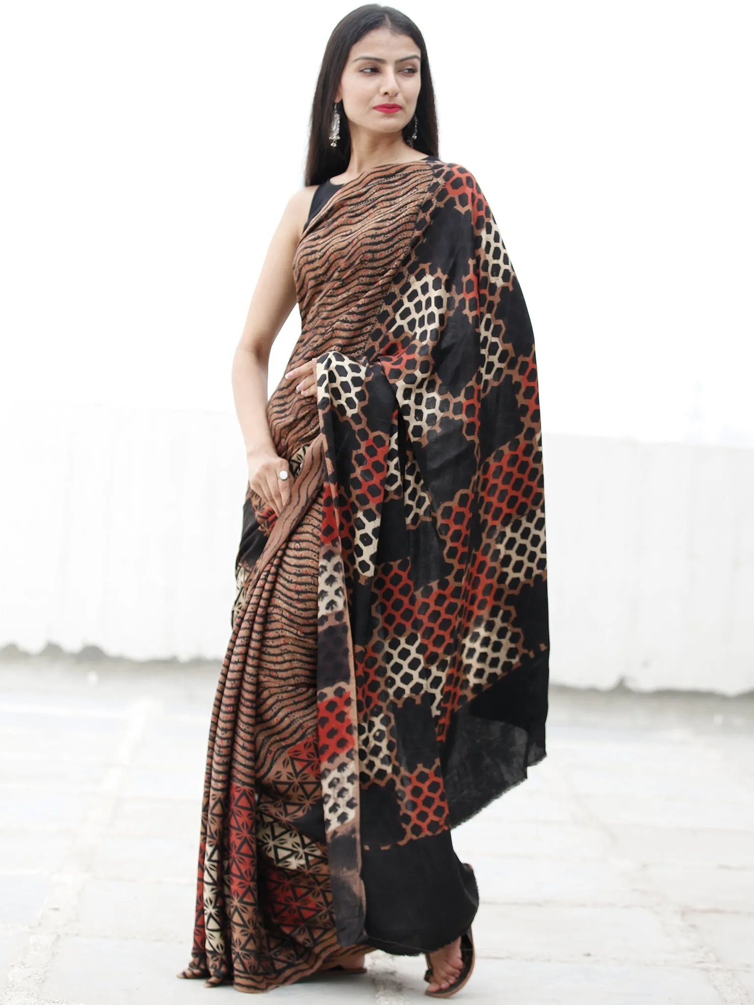 Coffee Brown Black Red Ivory Ajrakh Hand Block Printed Modal Silk Saree in Natural Colors - S031703713