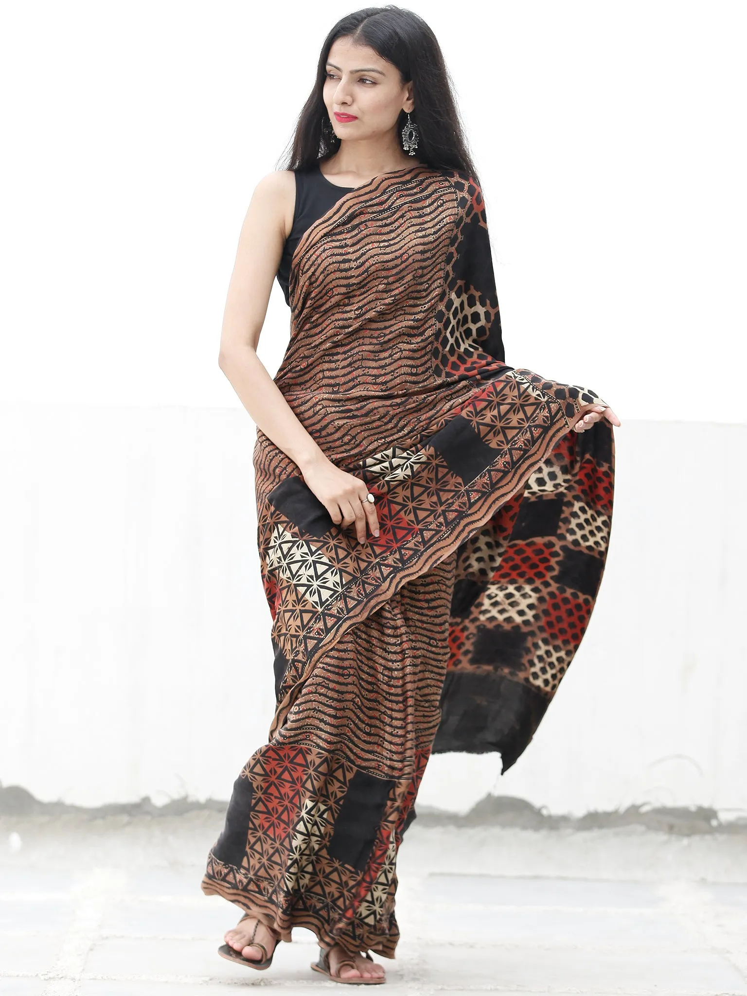 Coffee Brown Black Red Ivory Ajrakh Hand Block Printed Modal Silk Saree in Natural Colors - S031703713