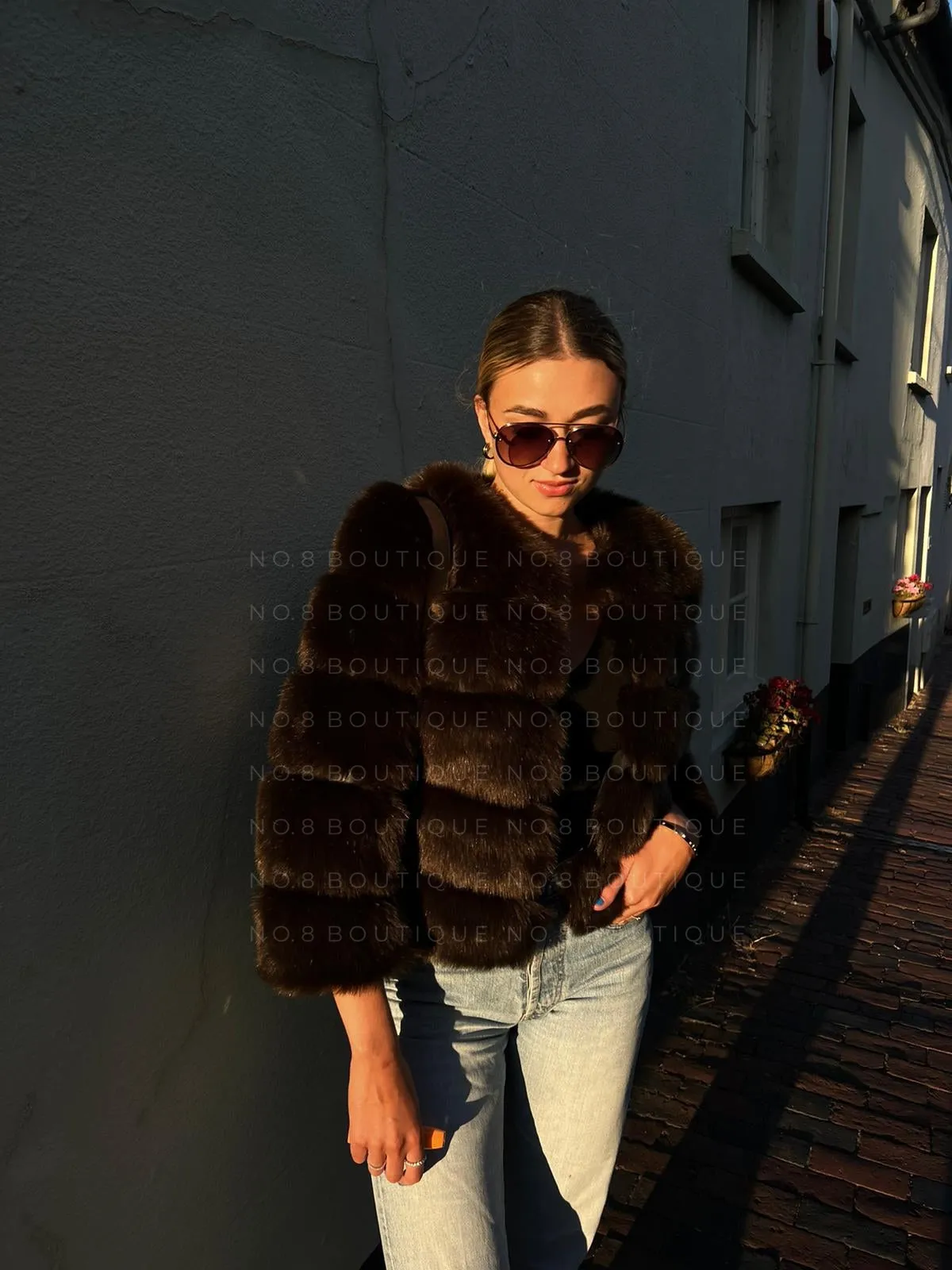 Coffee Brown Faux Fur Jacket With 5 Rows