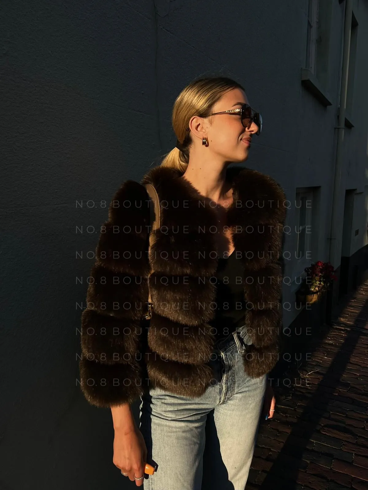 Coffee Brown Faux Fur Jacket With 5 Rows