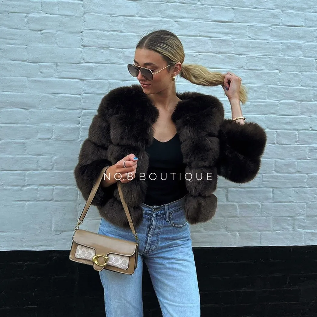 Coffee Brown Faux Fur Jacket With 5 Rows