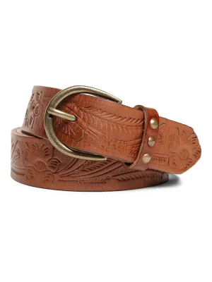 Cognac Hand-tooled Design Leather Belt By Art N Vintage