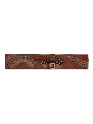 Cognac Studded Genuine Leather Belt For Women By Art N Vintage