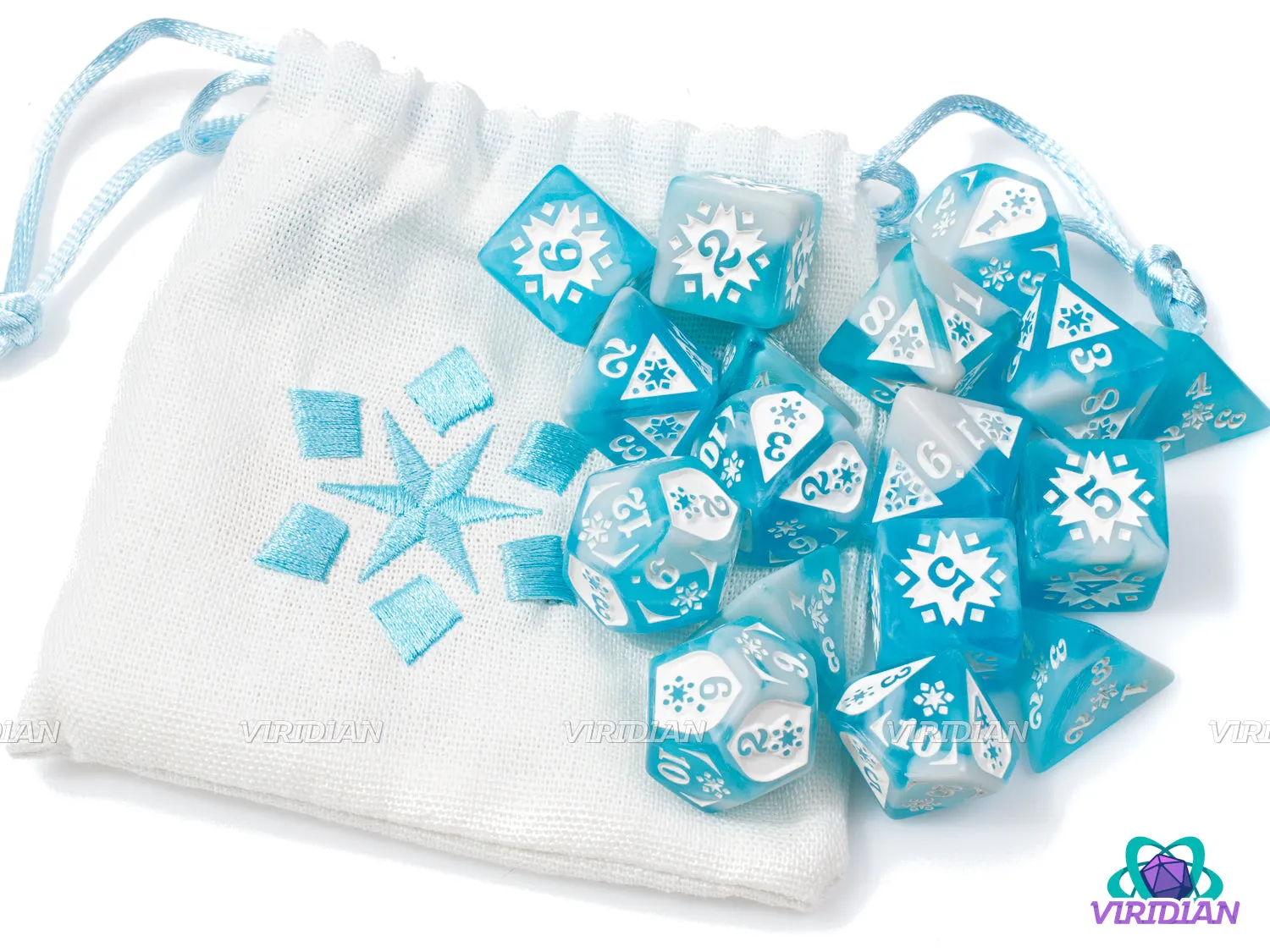 Cold Damage Set  | Frosty Blue and White, Snowflake Designs | Resin Dice Set (18) & Bag