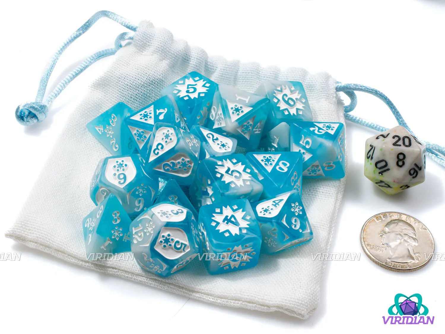 Cold Damage Set  | Frosty Blue and White, Snowflake Designs | Resin Dice Set (18) & Bag