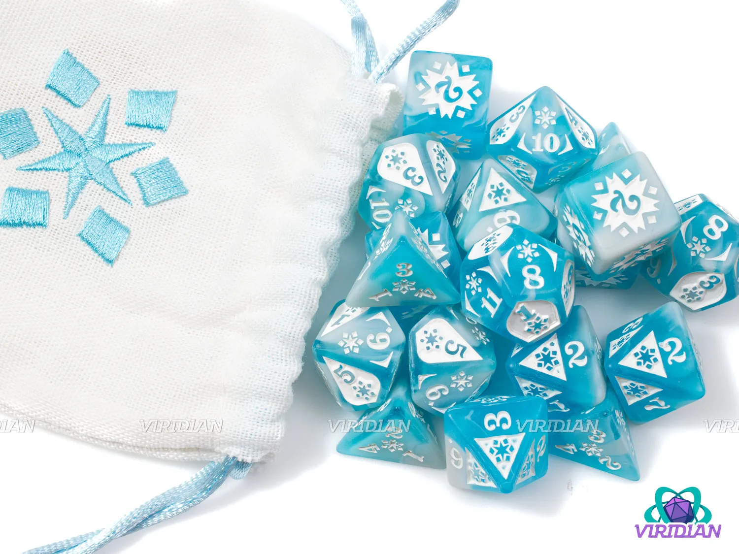 Cold Damage Set  | Frosty Blue and White, Snowflake Designs | Resin Dice Set (18) & Bag