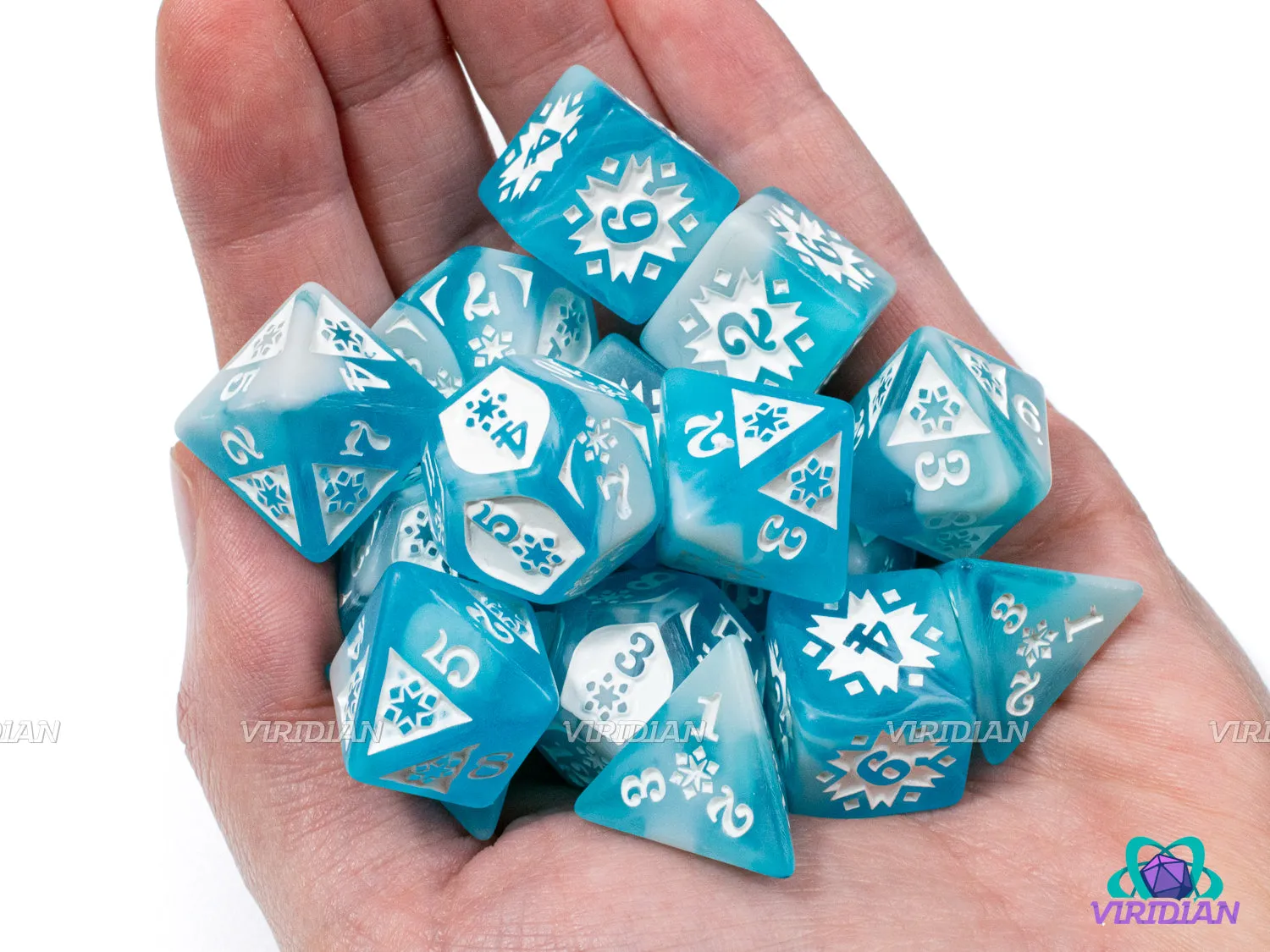 Cold Damage Set  | Frosty Blue and White, Snowflake Designs | Resin Dice Set (18) & Bag