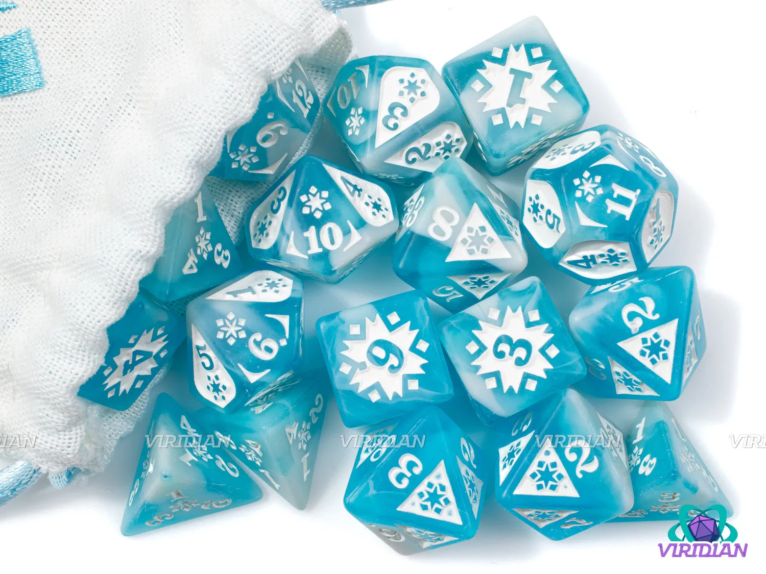 Cold Damage Set  | Frosty Blue and White, Snowflake Designs | Resin Dice Set (18) & Bag