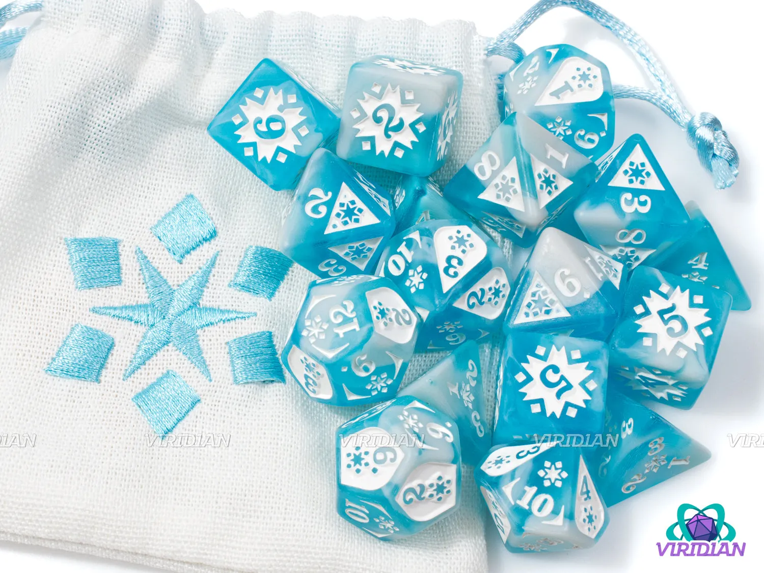 Cold Damage Set  | Frosty Blue and White, Snowflake Designs | Resin Dice Set (18) & Bag