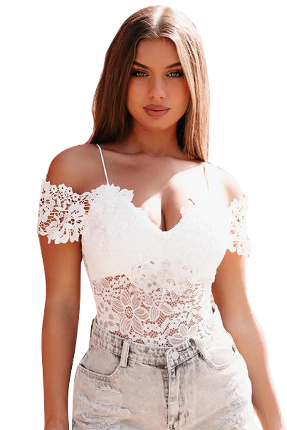 Cold Shoulder Spaghetti Straps Lace Bodysuit