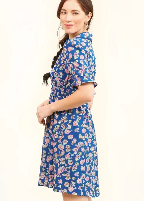 Collared Floral Print Dress with Lace Trim