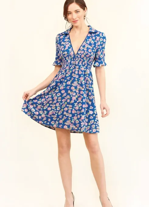 Collared Floral Print Dress with Lace Trim