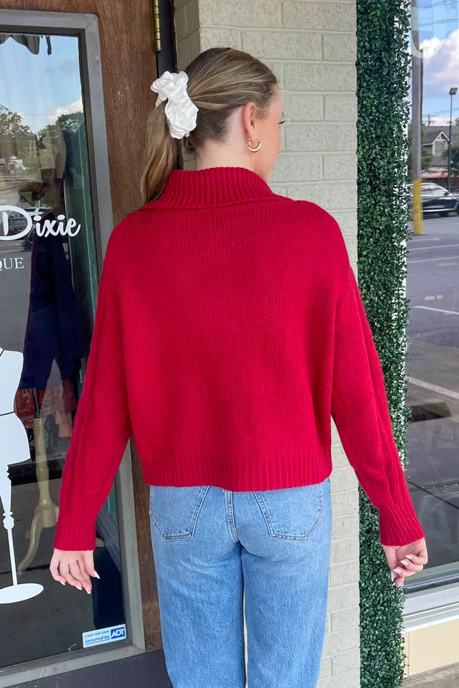 Collared Zip Wool Sweater-Red