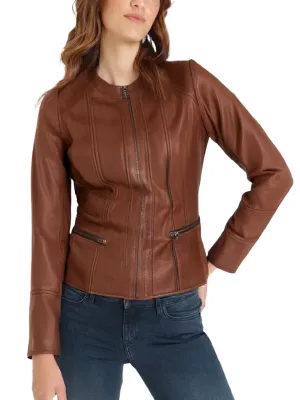 Collarless Brown Leather Jackets