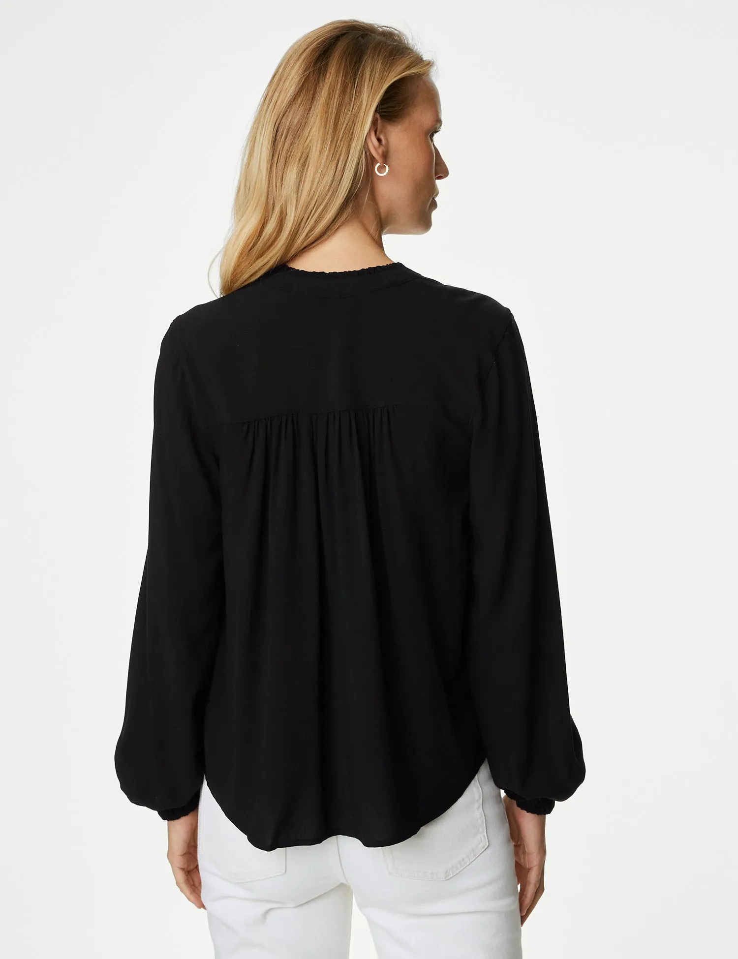 Collarless Regular Fit Long Sleeve Blouse