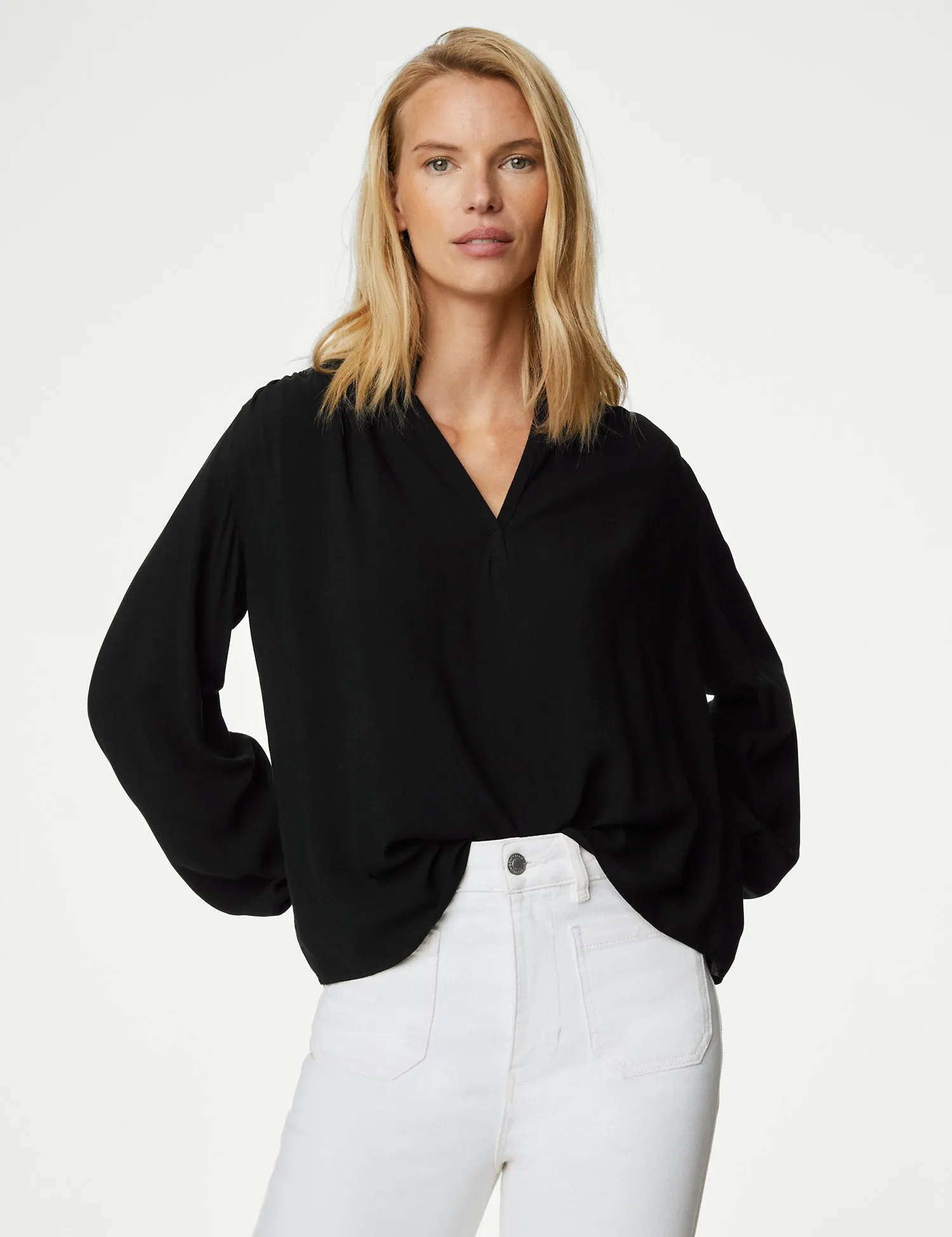 Collarless Regular Fit Long Sleeve Blouse