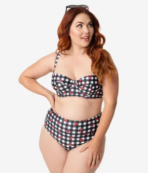 Collectif x Playful Promises Black & White Gingham Watermelon Print Balcony Swim Top