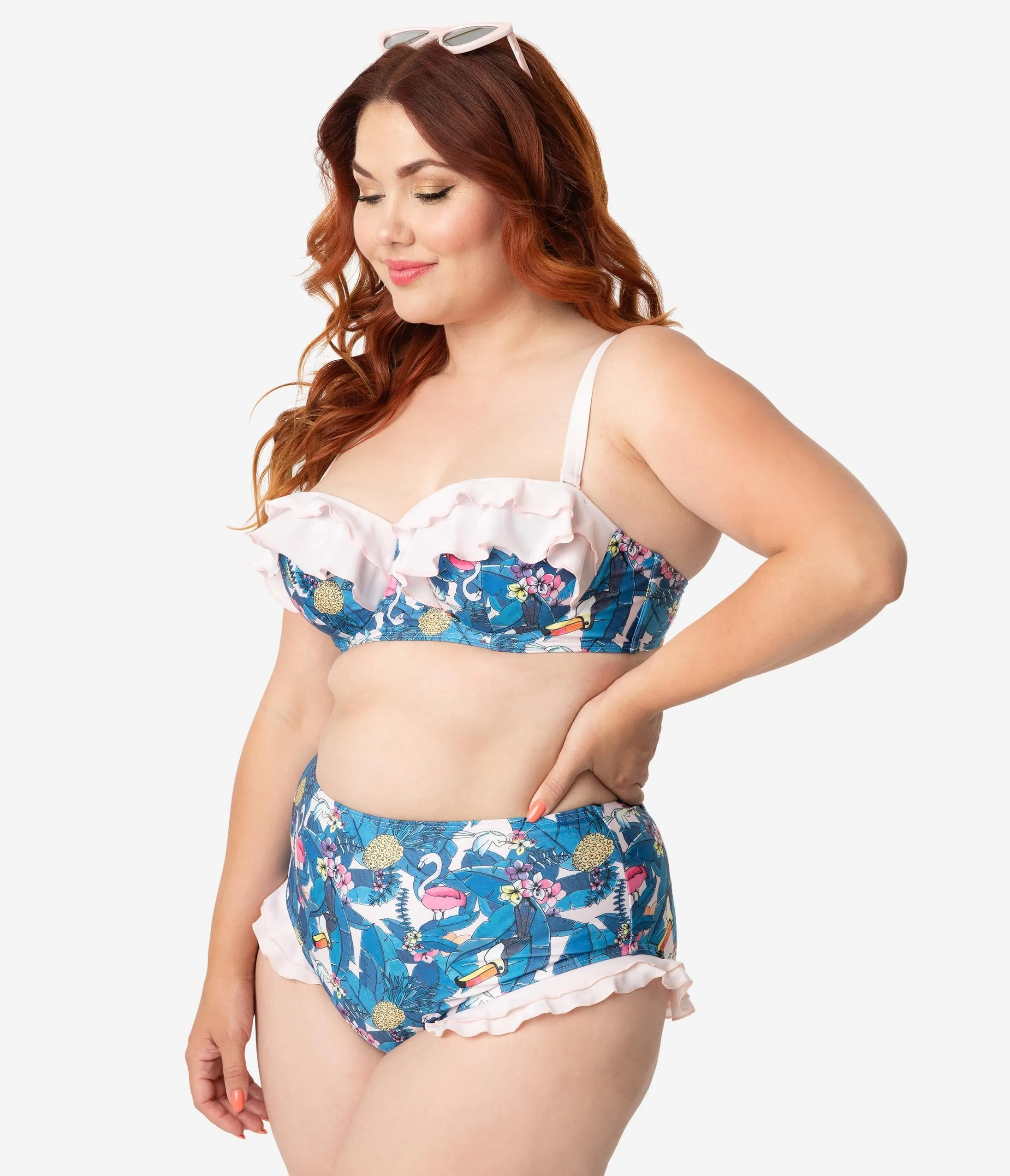 Collectif x Playful Promises Blue & Pink Toucan Print Ruffle Balcony Swim Top