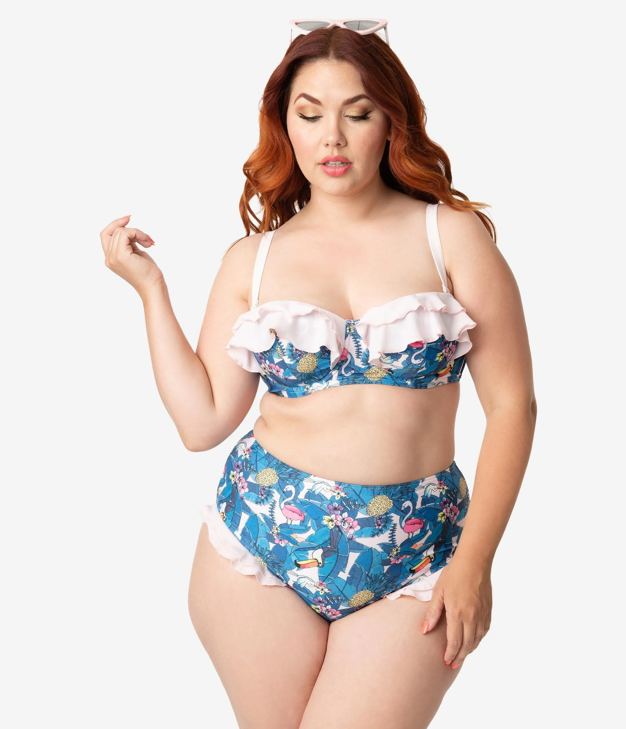 Collectif x Playful Promises Blue & Pink Toucan Print Ruffle Balcony Swim Top