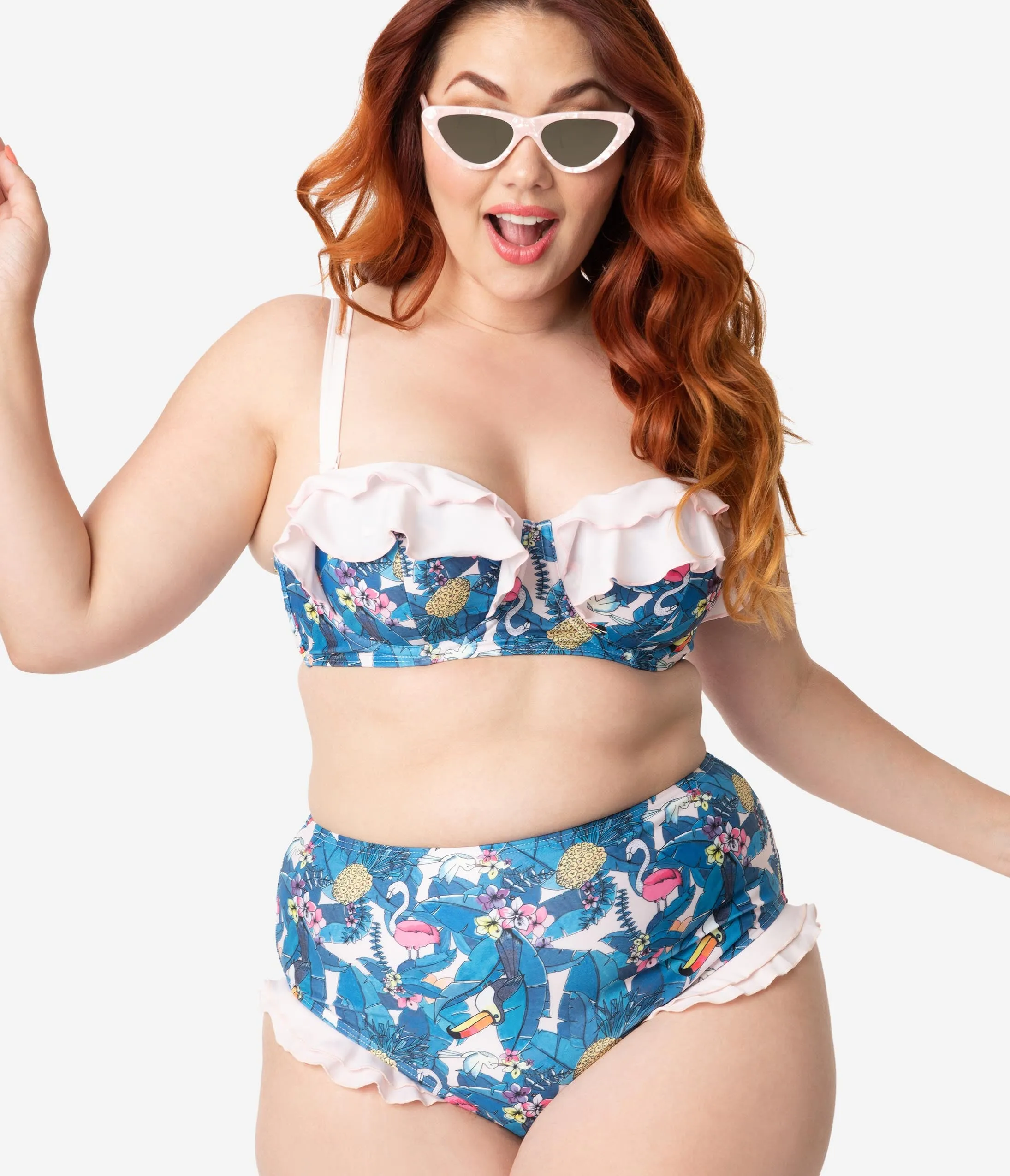 Collectif x Playful Promises Blue & Pink Toucan Print Ruffle Balcony Swim Top