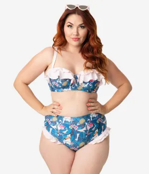 Collectif x Playful Promises Blue & Pink Toucan Print Ruffle Balcony Swim Top