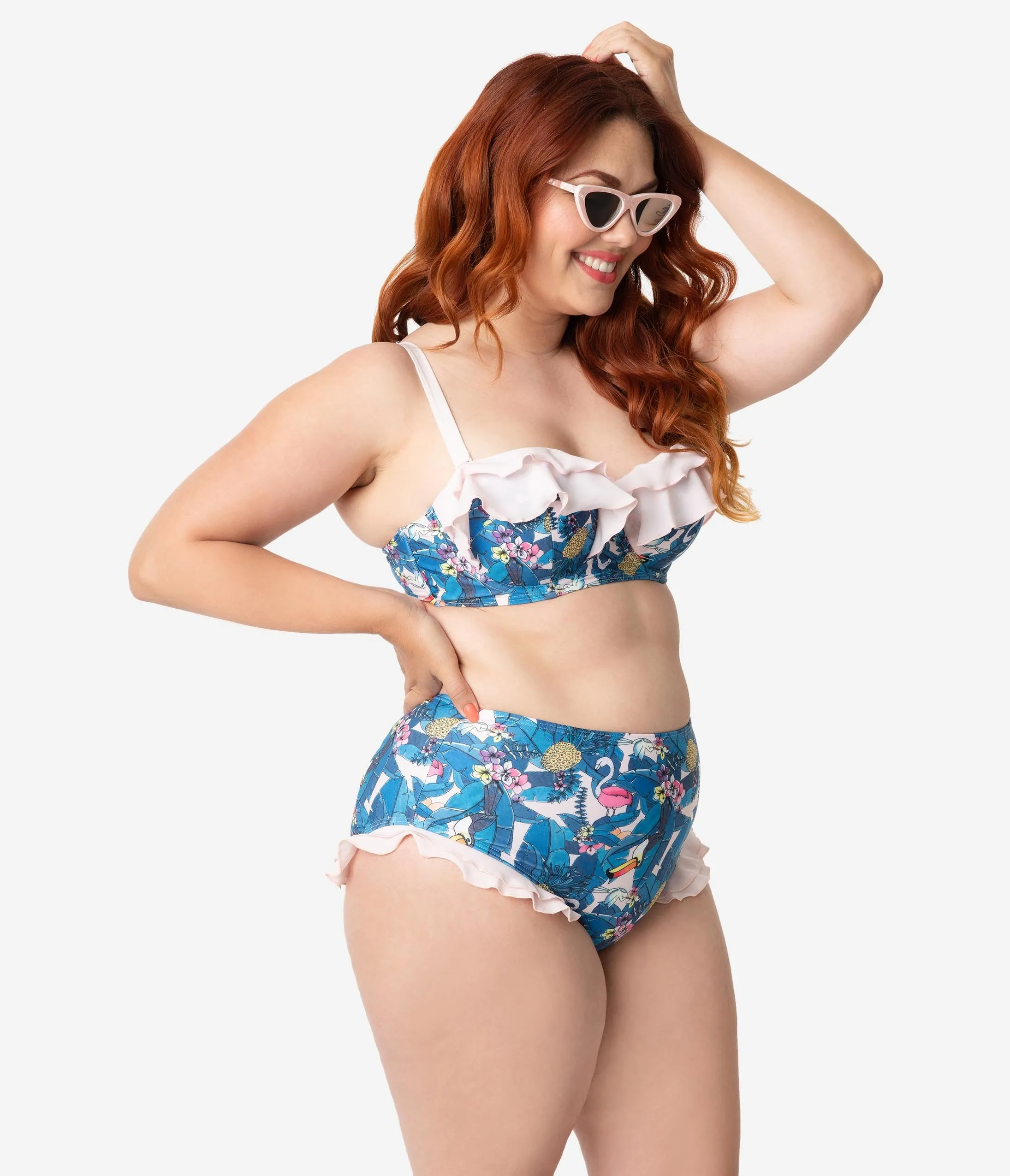 Collectif x Playful Promises Blue & Pink Toucan Print Ruffle Swim Bottoms