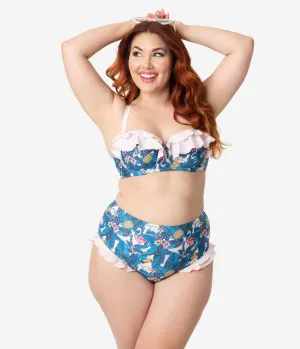 Collectif x Playful Promises Blue & Pink Toucan Print Ruffle Swim Bottoms