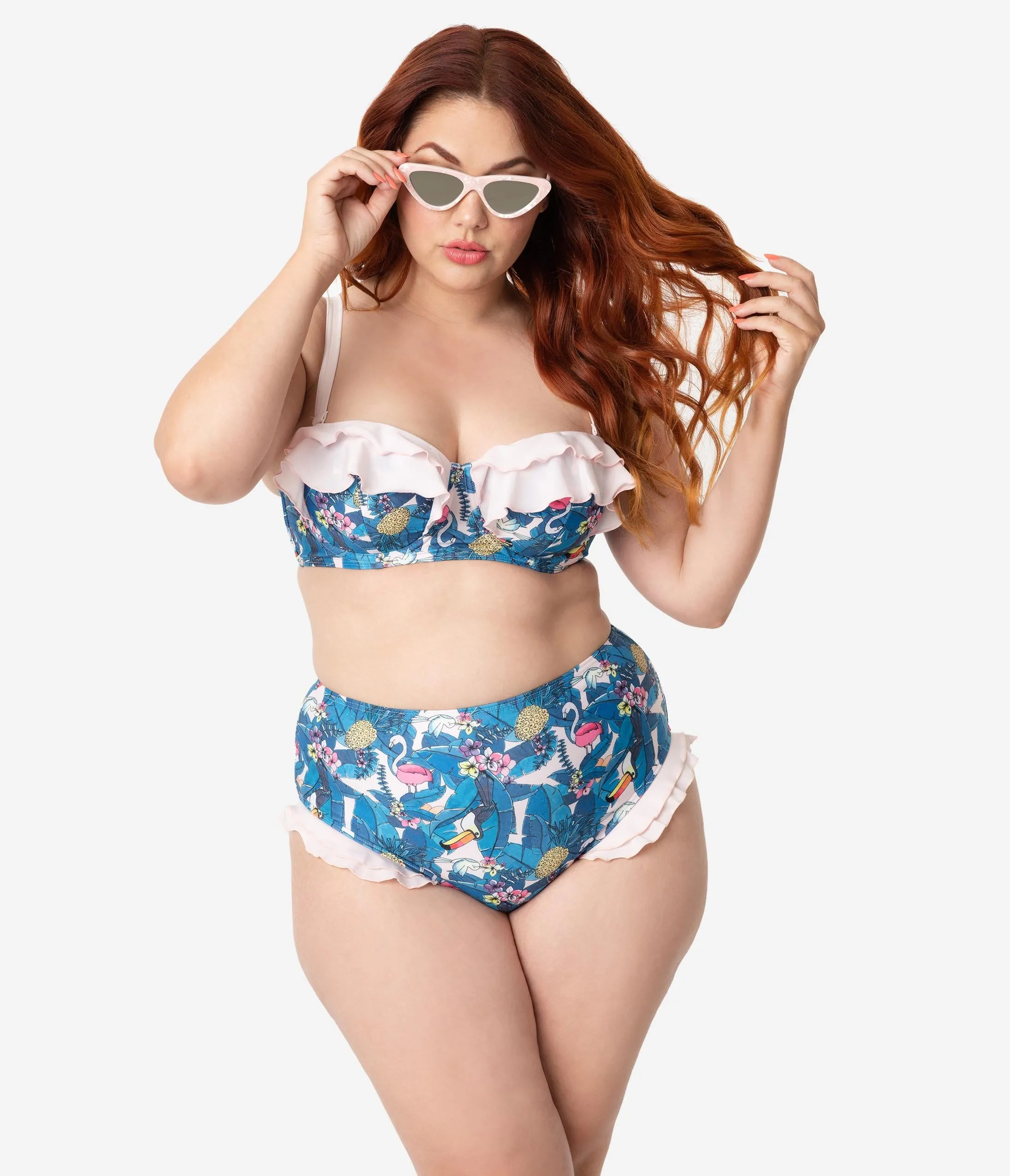 Collectif x Playful Promises Blue & Pink Toucan Print Ruffle Swim Bottoms