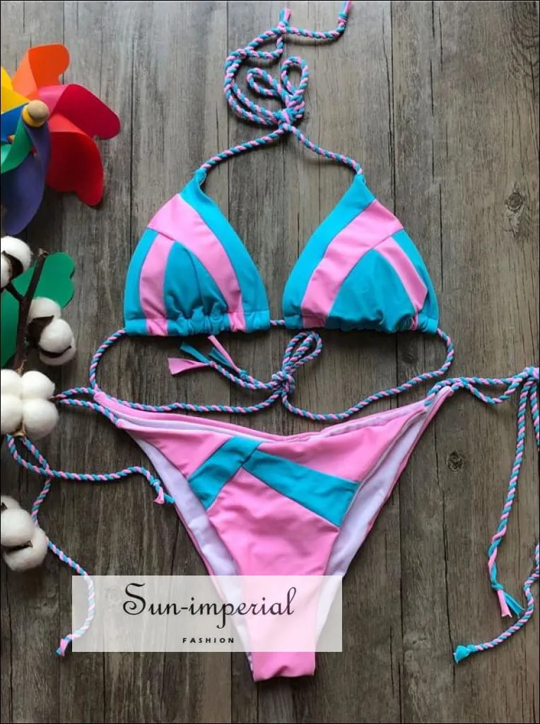 Color Block Pink Blue White Bikini Set Women’s Swimming Suit Halter Drawstring Bathing Suit