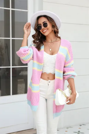 Color Block Ribbed Dropped Shoulder Open Front Cardigan