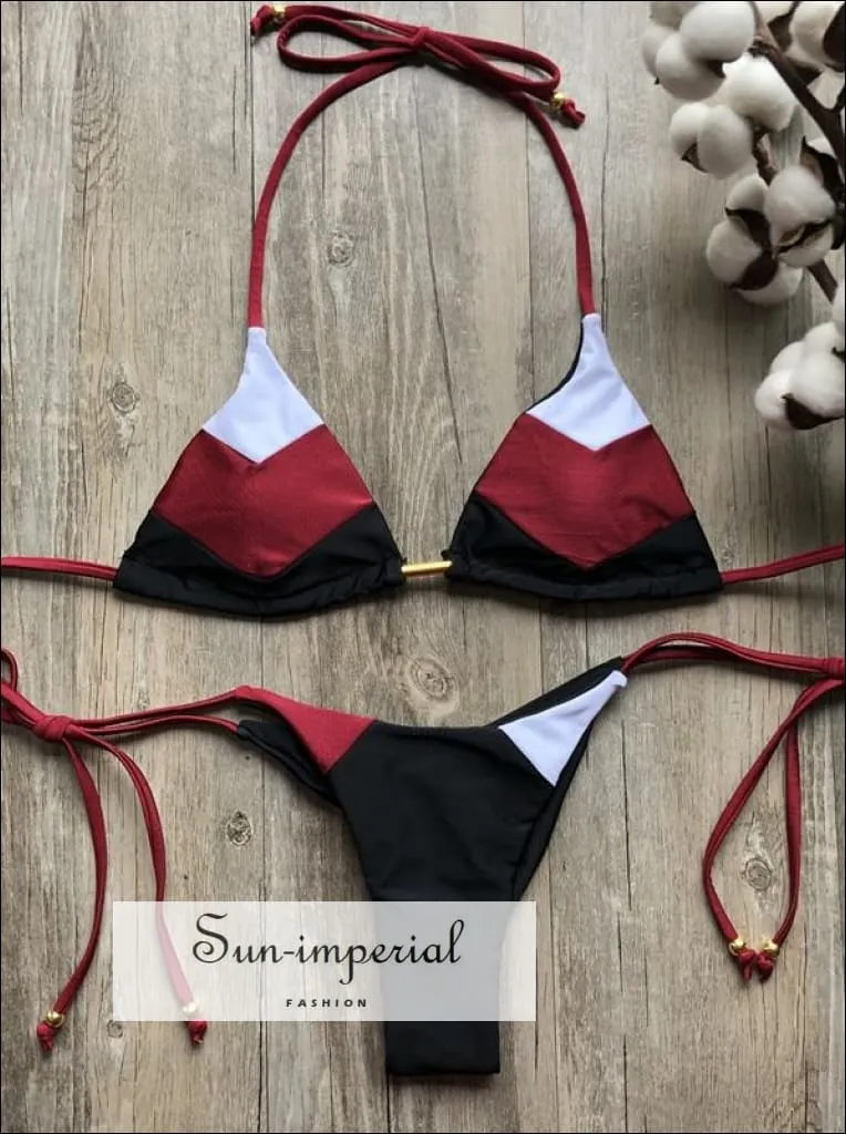 Color Block Striped Navy Black Red White Bikini Set Women’s Swimming Suit Halter Drawstring Bathing Suit