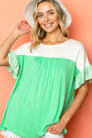 Color Block Striped Ruffle Sleeve Babydoll Top