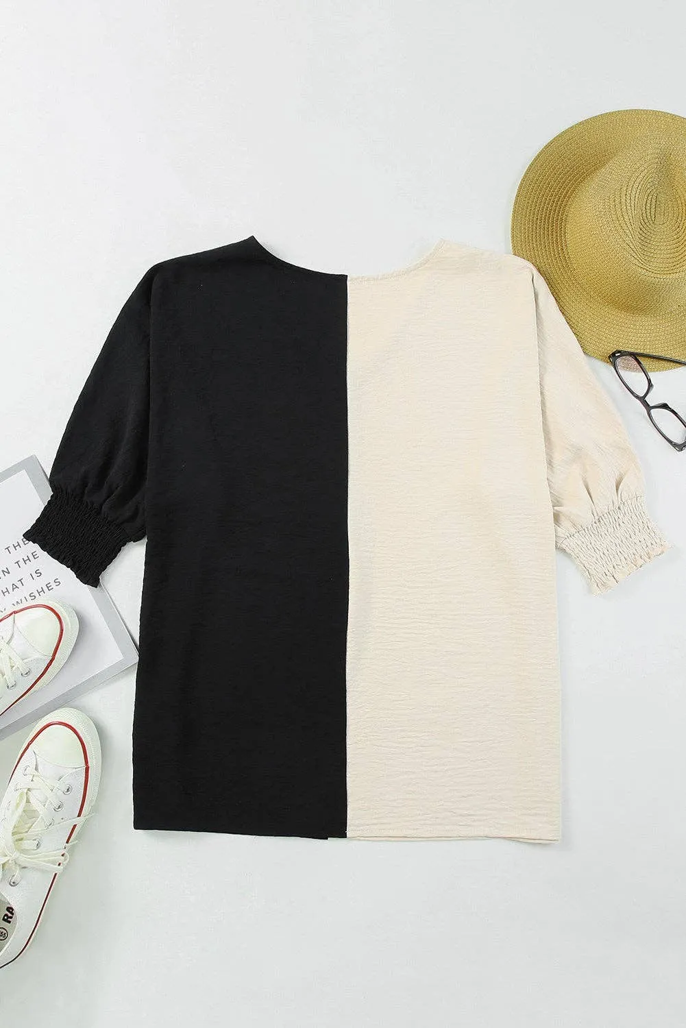 Color block with shirred Sleeves Top